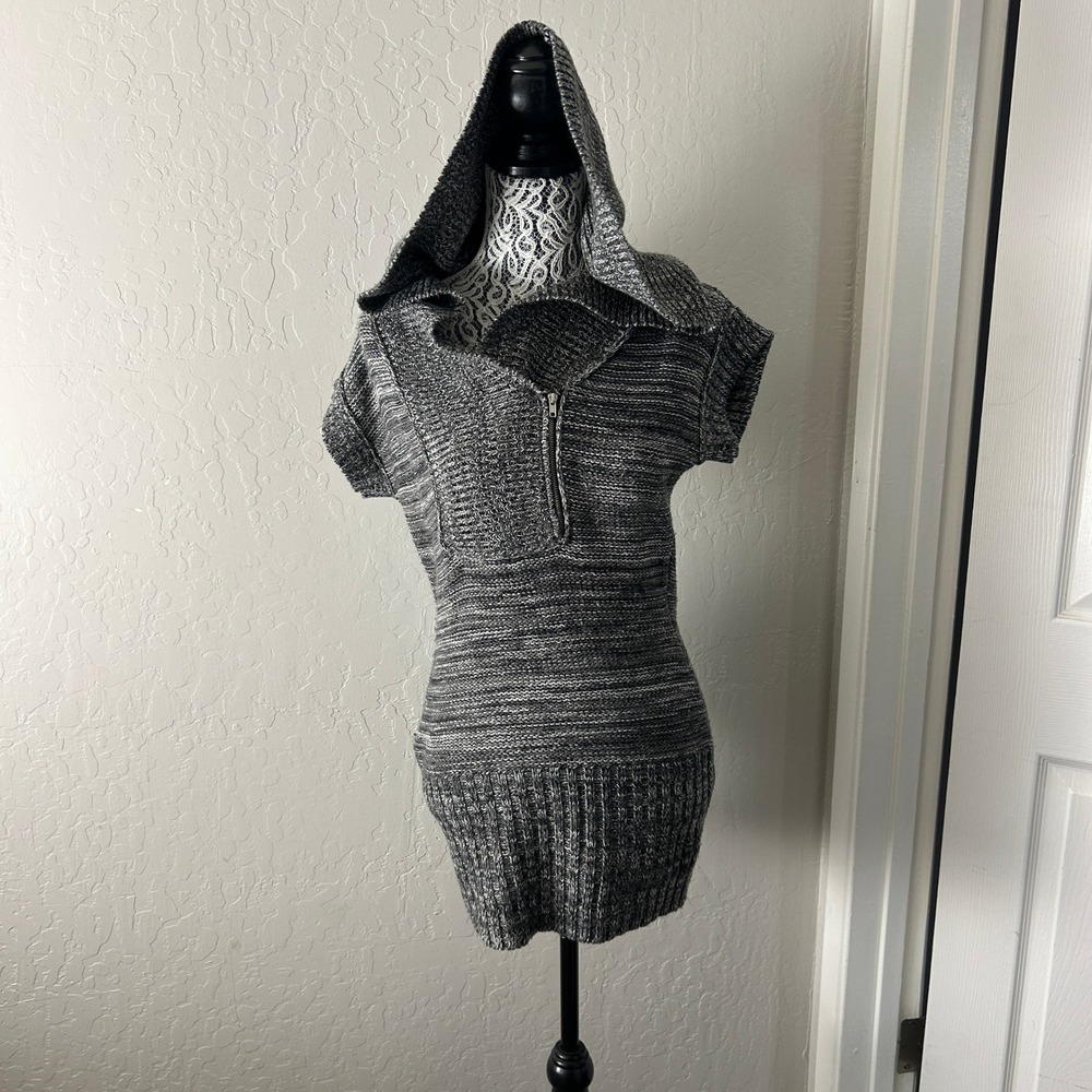 Decree Hooded Sweater Dress Womens Medium Gray Black Marled Knit Tunic Y2K Style